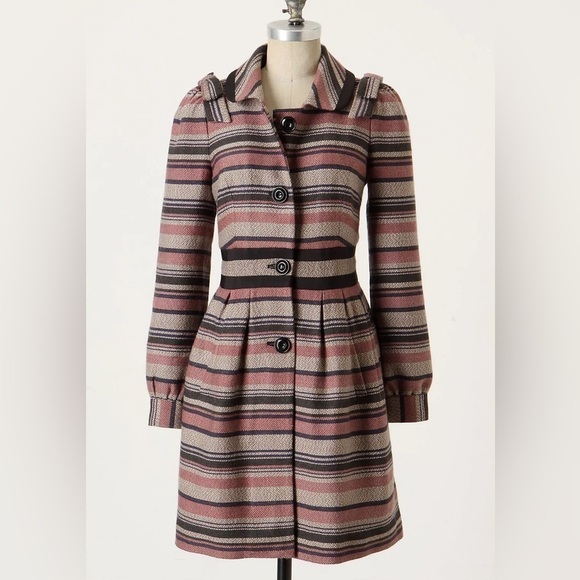 Anthropologie Elevenses Pattern Makers Coat Stripe Colorblock Bow Shoulder 6 - Picture 1 of 16